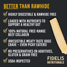 FIDELIS Rawhide Free Dog Chews Long Lasting, Treat Sticks, Dog Treats, Small & Large Dogs, Beef Collagen, Gluten Free, Grain Free, Pet Chew, Bones-Alternative, Made in USA, 4pk, Beef, 10"
