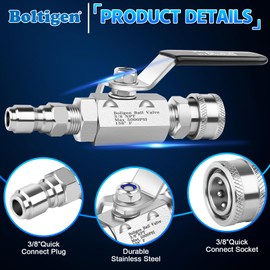 Boltigen 5000 PSI High Pressure Washer Ball Valve Kit, 3/8" Quick Connect Shut Off Ball Valve for Power Washer Hose, Stainless Steel