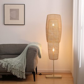Amud - Floor Lamp, 2-Light with Bamboo Wicker Panels Wood Finish, Beige
