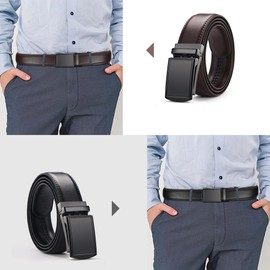 Cinturon Hebilla Automatica, 2pcs Cinturones Hombre Piel, Negro y Marrón con Hebilla Automática, Cortable, Elegante y Clásico, Cinturón de Cuero para Trabajo Casual de Negocios