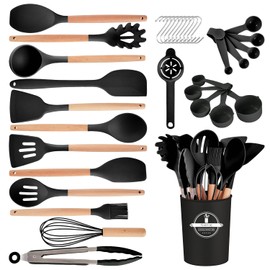 Gaixvny Kitchen Utensils Set - 34 PCS Non-Stick Silicone Cooking Utensils Set Spatula Set with Holder, Wooden Handle Spoon,Brush,Whisk Kitchen Gadgets Tools Set for Nonstick Cookware (Black-34P)
