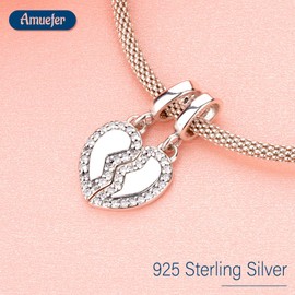 Amuefer Friendship Splittable Heart Charms for Bracelets 925 Sterling Silver with Cubic Zirconia Pendant for Necklaces Birthday Christmas Jewelry Gifts for Women
