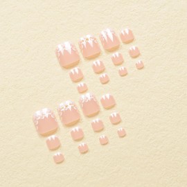 24Pcs White French Tip Press on Toenails Short Square Fake Toenails with Gold Beads Spring Summer Flower False Toenails Nude French Acrylic Nails Full Cover Floral Glue on Nails for Women Girls