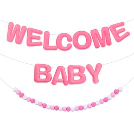 Kelfara Felt Welcome Baby Shower Banner - Prestrung 9ft Pink Welcome Baby Sign with 28 Balls Banner for Gender Reveal, Baby Party Decorations, Birthday Supplies, Ideal for Newborn Celebrations