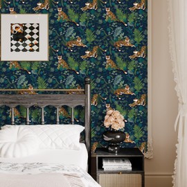 VaryPaper Jungle Tiger Peel and Stick Wallpaper Tropical Leaf Wallpaper for Bedroom Bathroom Self Adhesive Removable Animal Wall Paper Decorative Contact Paper for Walls Cabinets Drawers 17.7''x78.7''