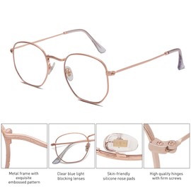 SOJOS Gafas pequeñas de bloqueo de luz azul con montura hexagonal para gafas anti rayos azules, gafas One and Only SJ5036 con marco de oro rosa/lente de luz azul