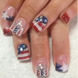24Pcs Independence Day Press on Nails Short Square Nails French Tip Fake Nails with Glitter Designs 4th of July Acrylic Nails American Flag False Nails Patriotic Stick on Nails for Women DIY Nail Art
