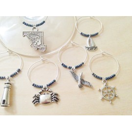 Maryland Nautical Themed Wine Charms, Beach Gift for Marylander, Chesapeake Bay, Set of 4 to Set of 8