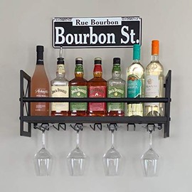 MBQQ Industrial Wine Racks Wall Mounted with Stemware Racks,23.6in Rustic Metal Hanging Wine Holder,Bottle Holder with 7 Stem Glass Holder,Metal&Wood Shelves Home Decor Wall Shelf
