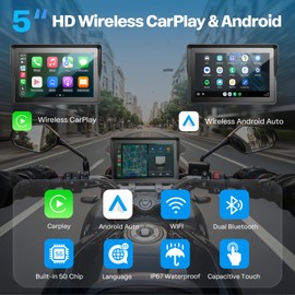 WonVon Updated CarPlay Screen with Android Auto – 5” Waterproof GPS, Pantalla para Moto, Apple CarPlay, Navigation System