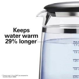 Hamilton Beach Double Wall 1.7L Electric Kettle, Water Boiler & Heater, Built-In Mesh Filter, Auto-Shutoff & Boil-Dry Protection, Cordless Serving, Variable LED Indicator, Glass (40850)