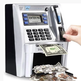 ATM Savings Bank for Real Money for Adults Kids with Card Personal ATM Saving Piggy Bank Machine for Boys Girls, Password Login,Coin Recognition,Balance Calculator,Electronic Safe Box (Silver/Black)