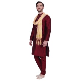 Men's Art Silk Kurta Pajama Scarf Set Party Dress Indian Wedding Apparel (Maroon, M)