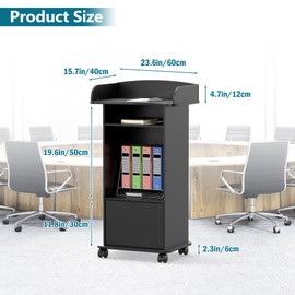 Qriocioa Podium Stand with Wheels Wooden Lectern Podium Stand Portable Pulpit Standing with Storage Mobile Reception Podiums Desk for Church Office School Conference Restaurant Meeting, Black