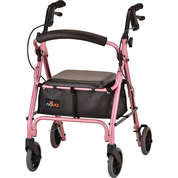 NOVA GetGo Petite Rollator Walker, Petite Narrow Size Rolling Walker for Height 4'10" - 5'4" with 18.5” Seat Height, Ultra Lightweight at Only 13 lbs with More Narrow Frame, Color, Pink