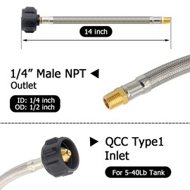 Hooshing 2PCS 1/4" NPT RV Propane Hose, 12 inch Stainless Steel Propane Pigtail Hose for Standard Two-Stage Regulator, BBQ, Camping 1/4" Male NPT & QCC1 Type1 Inlet