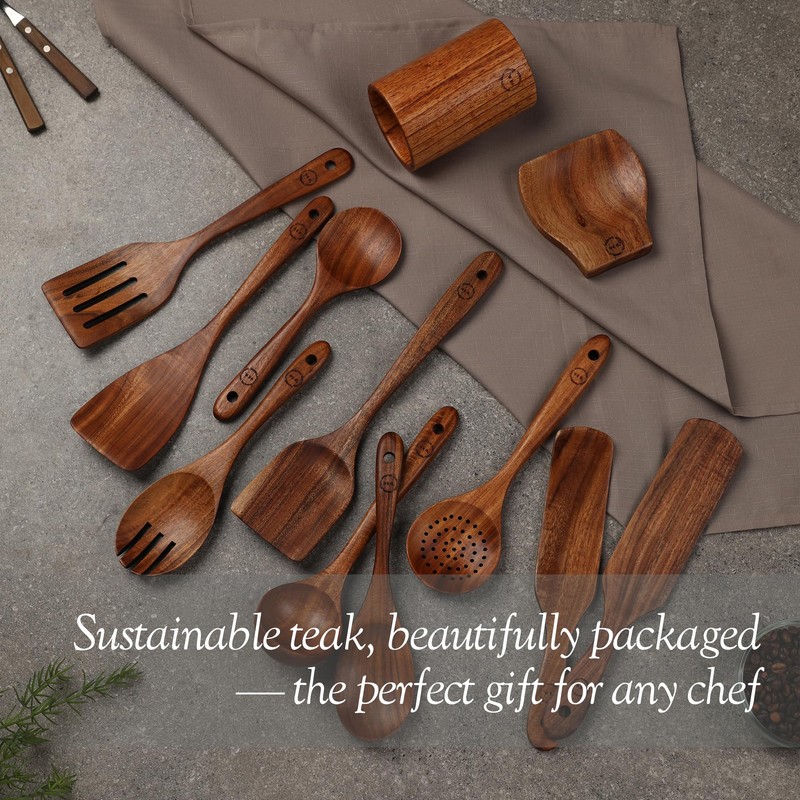 Wooden Spoons for Cooking – 12-Piece Teak Wood Utensil Set