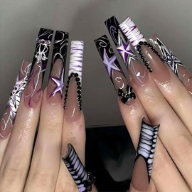 Black Bow Ballerina Coffin Nails Star French Tip Glue on Nails Extra Long Square Press on Nails Glossy Artificial False Nails Rhinestones Charm Acrylic Stick on Nails for Women Girls