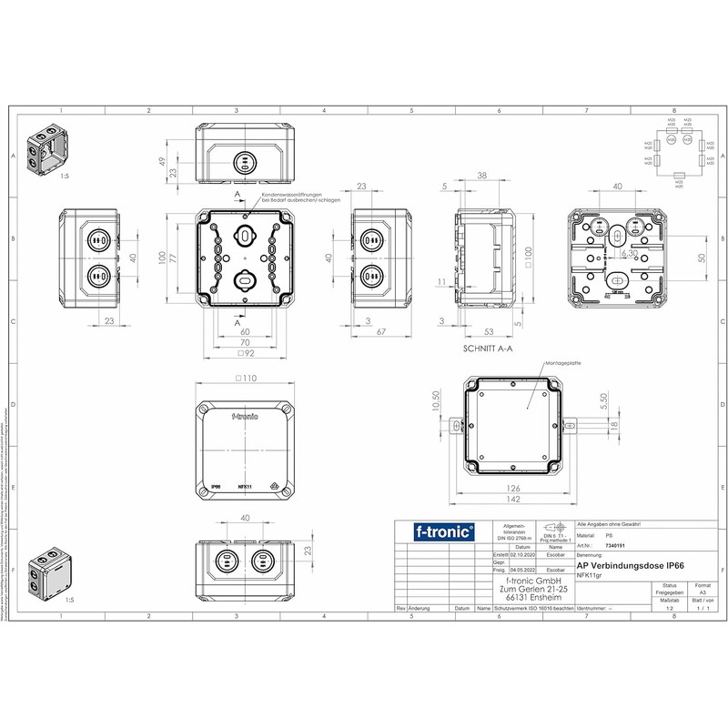 f-tronic FR Junction Box NFK11gr-K4, IP66, Grey, NEPTUN Compact (110