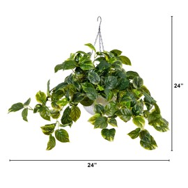 Nearly Natural 24-Inch UV Resistant Artificial Pothos Plant - Indoor/Outdoor Hanging Basket with 50 Warm White LED Lights, Battery Operated