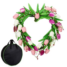 Wreath with Strorage Bag | 18in Heart Tulip Wreath for Front Door | Artificial Purple Pink Tulips | Spring Summer PU Flower with Red White Berry Stem for Festival Wedding Window Wall Decor