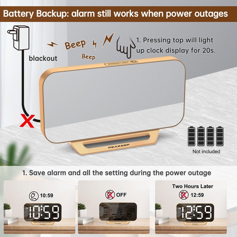 Peakeep Slim Digital Mirror Aesthetic Alarm Clock for Bedrooms Desk