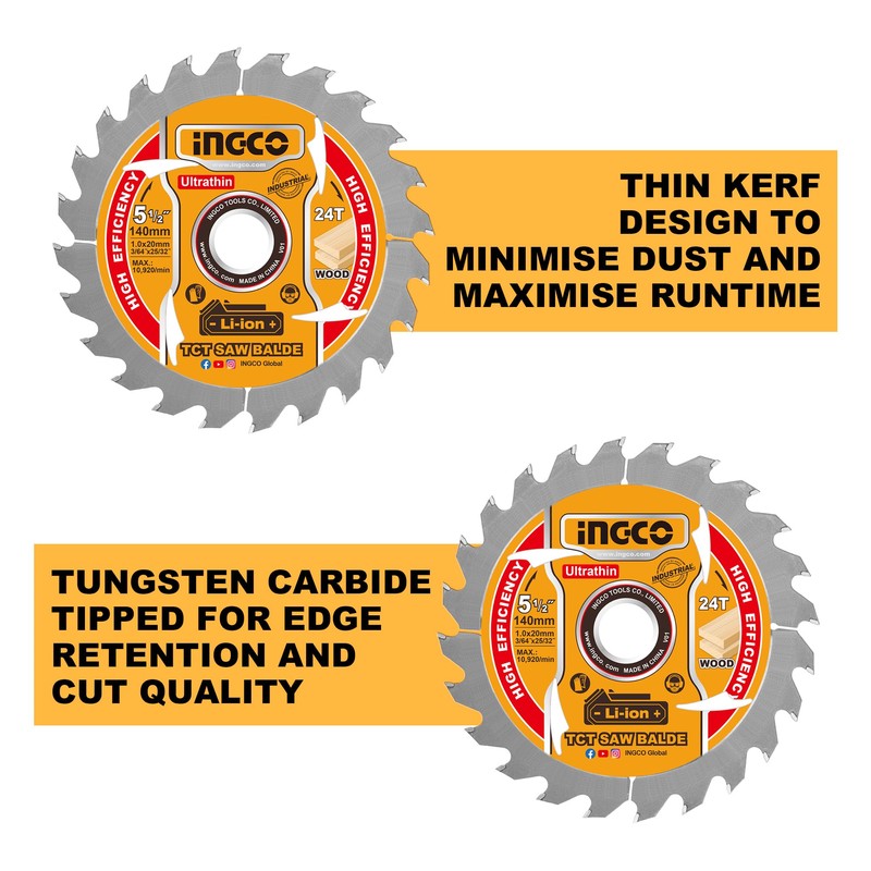 INGCO 2-Pack 140mm Ultra-thin TCT Saw Blade Set 24T, 20mm