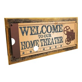 OMSigns Welcome to Our Home Theatre Metal Sign on Rustic Barn Wood Frame, Retro Ticket to The Movie, Media Room, Family Room, Bar, Den Decor