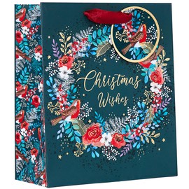 Design By Violet Christmas Wishes Wreath and Robin Design Gift Bag with Gift Tag - Medium - Gift Bag for Christmas, Gift Wrap, Christmas Wrapping Paper, Xmas, Festive Gift Bag