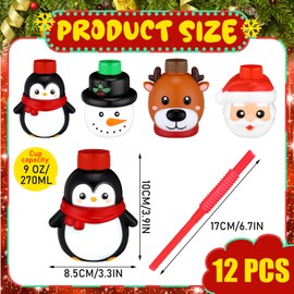 Sliner 12 Pcs Christmas Party Favor Cups with Straws, Kids Plastic Tumbler Sipper Cups Drinking Cup Gift for Boys Girls Women Men Xmas Theme Party Birthday(Multi Styles)
