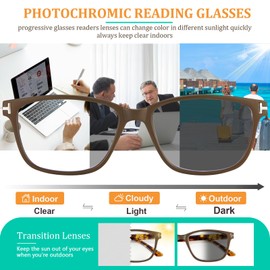 GHDBFMB Progressive Reading Glasses Men Women Photochromic Multifocal Glasses Blue Light Blocking UV400 No-Line Spring Hinge