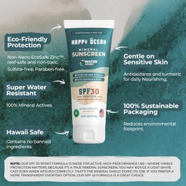 Happy Ocean SPF 30 Reef Friendly Sport Mineral Sunscreen for Face & Body, Non-Nano Zinc Oxide, Natural Organic Non Toxic Mineral Based Coral Reef Safe Sunscreen, Travel Size, Biodegradable 2.5 Fl Oz