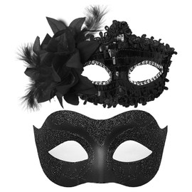 Kurmingary Couple Masquerade Mask Set, Mysterious Valentine's Day Dance Venice Masks with Glitter Side Flower Ball for Party Props - Black