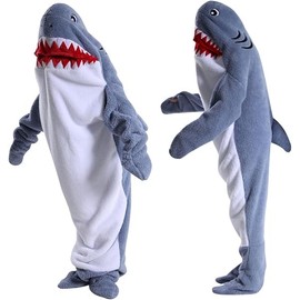DAJASD Shark Blanket, Cozy Flannel Shark Blanket Onesie for Adults & Kids, Wearable Shark Blanket Hoodie, Shark Sleeping Bag with Hood, Cosplay Shark Costume Gift for Friends Family Shark Lovers -L