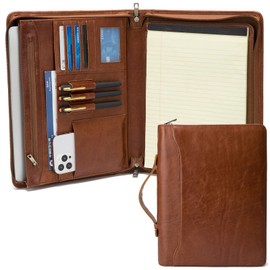 Geslun Genuine Leather Portfolio with Hidden Handle, Front Pocket, Business Padfolio Tablet/13” Laptop Organizer, Folio Document Cell Phone Holder, Professional Executive Folder, Brown, Oil Tanned