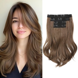 REECHO Hair Extensions - 4PCS 14" Short Clip in Hair Extensions Layered Cut Invisible Lace Weft Natural Soft Synthetic Hairpieces for Women - Light Brown