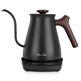 Harriet Gooseneck Electric Kettle with Temperature Control & Bult-in Timer - 1200W Fast Heating, 0.8 Liter, Wood Handle, Stainless Steel Electric Tea Kettle for Pour Over Coffee and Tea, Black