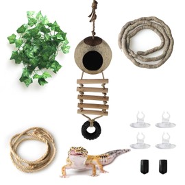 NANEEZOO Leopard Gecko Tank Accessories - Coconut Husk Hut Hideout Cave with Ladder - Reptile Climbing Jungle Vines and Plants Decor for Chameleon Lizard Gecko Snake Hermit Crab