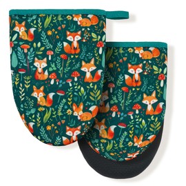 Forest Fox Animal Green Floral Flower Mini Silicone Oven Mitts, Heat Slip Resistant Kitchen Gloves 2-Pack Set, Soft Short Small Oven Mittens Pot Holders for Baking Grilling Barbecue Microwave Gift