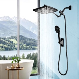 Qomolangma Shower Heads with Handheld Spray Combo, 12" Rectangle Rain Shower Head Combo with Extension Arm, 5 Modes Dual High Pressure Shower Heads with Handheld Spray, Black Shower Faucet Set