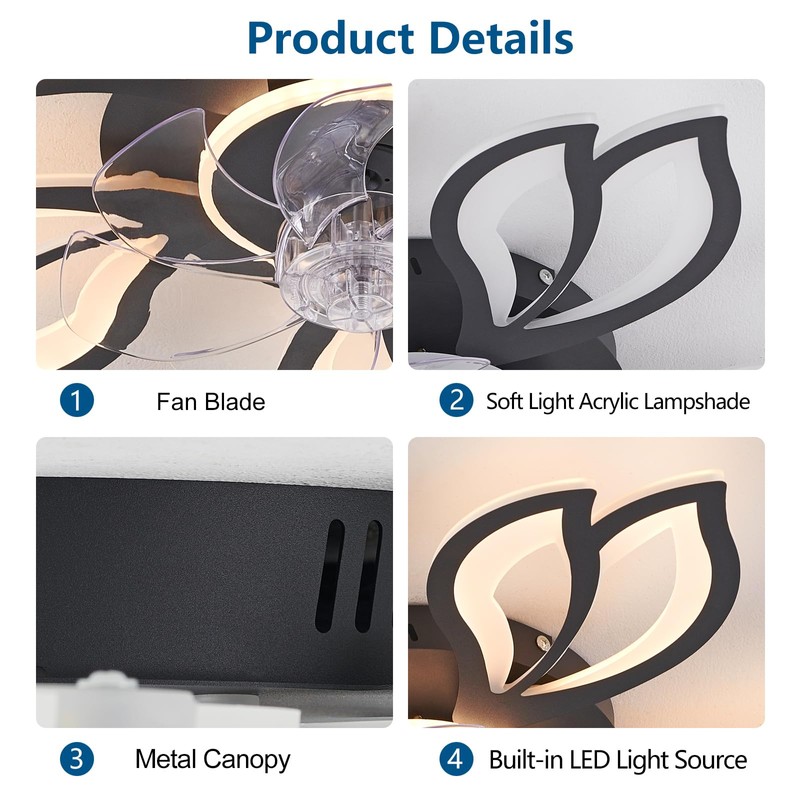 Dalouguan Ceiling Fan with Lights Remote Control, 26" Black Low