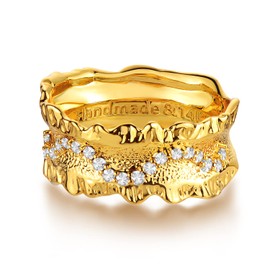 GNIRTSI Gold Lava Ring for Women Wave Line Diamond Cubic Zirconia 14K Gold Plated Minimalist Stack 10MM Wide Irregular Band Finger Jewelry Size 7