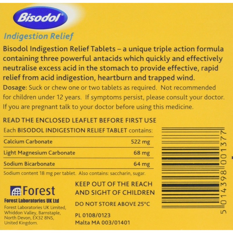 Bisodol Indigestion Relief Tablets - 100 Tablets Fast Relief to