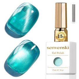 senvenski Jelly Glass Cat Eye Gel Nail Polish with Magnet 15ML Magnetic 3D Galaxy Holographic Glitter Translucent Sheer Color Gel Polish Salon Home DIY (Green, 0.5fl oz)