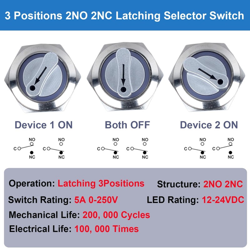 DMWD 19mm Latching Selector Rotary Switch 3 Positions 2NO 2NC