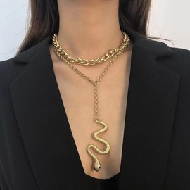 Caiguoer Punk Gold Snake Necklace Double Layer Snake Necklace Pendant Retro Snake Collar Necklace Accessories for Women and Girls, 32, Metal, 32, Metal