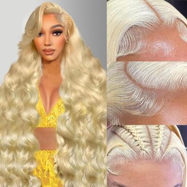 QGVQGV 613 13x6 Lace Front Wig Human Hair 210 Density 34 Inch 613 HD Lace Frontl Wigs 13x6 Pre Plucked Blonde Human Hair Wig Body Wave Frotal Wigs With Baby Hair for Women