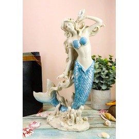 Ebros Gift Nautical Marine Aqua Blue Tailed Mermaid Listening to Sconce Figurine 12" H Ocean Aquamarine Goddess Lita with Coral Reef Decorative Statue Nautical Oceanic Sea Life Decor
