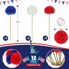 Rowfad 12 Pcs Artificial Chrysanthemums Flowers Patriotic Flowers 4th of July Fake Mums Flowers Silk Red White Blue Flower for Home Decor Indoor Memorial Day Table Centerpiece (12, Red White Blue)