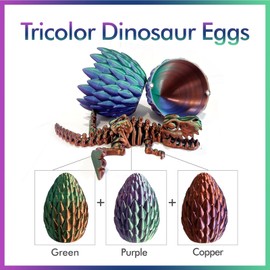 3D Printed Dinosaur Toy, 3D Printed Dinosaur Egg with Articulated Tyrannosaurus Rex, Mystery Crystal Dinosaur Flexible Rexi Toys with Bone, Articulated Fidget Dragon for Autism (Green-Purple-Copper)